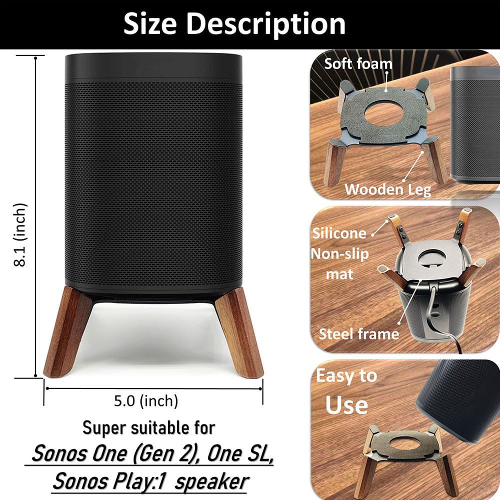 Real Wood Stand Compatible for Sonos One, One SL, Play:1 Home Speaker,Tripod Mount Accessories Protect Sonos get Better Sound,Secure Stable Sturdy