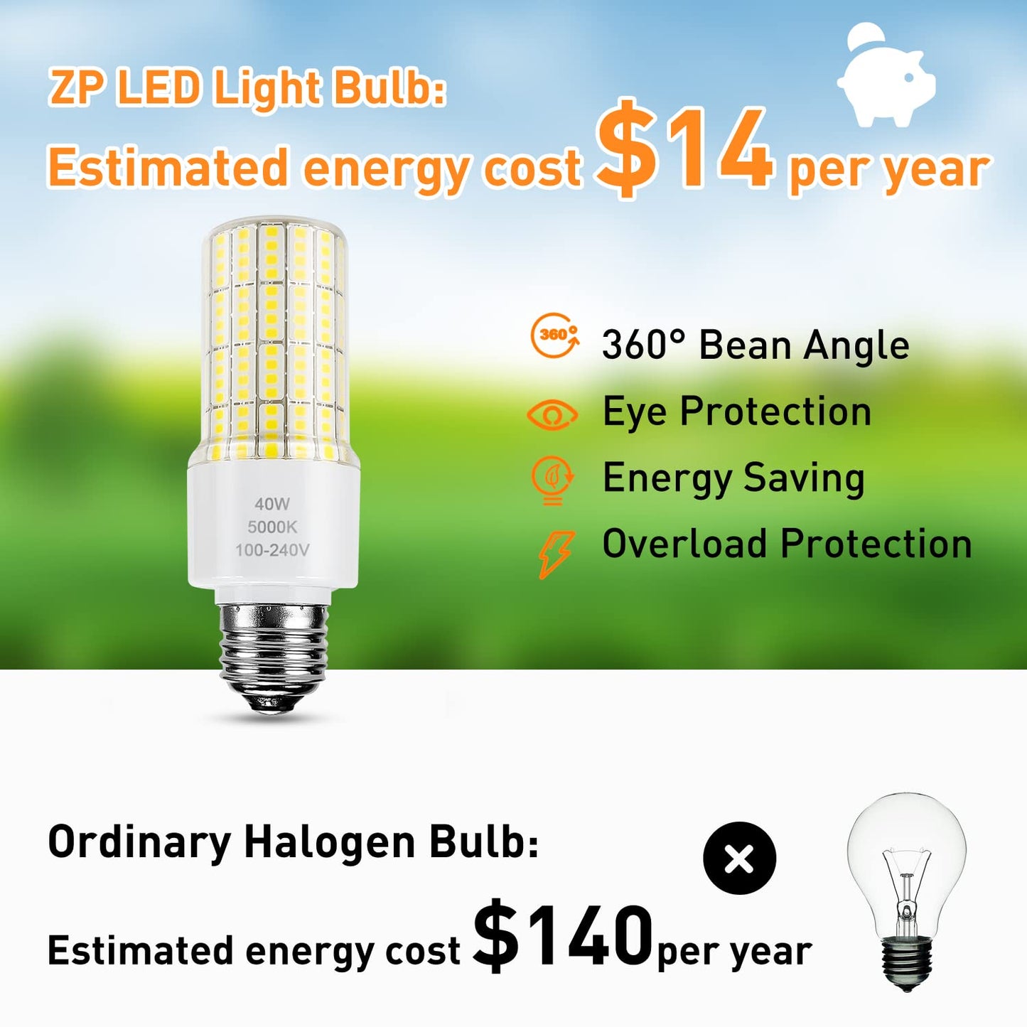 ZP 2 Pack A19 Led Light Bulb 300W Equivalent 40W Led Bulbs 5000 Lumen 5000K Cool Daylight White E26/E27 Base Waterproof Lighting for Outdoor Indoor