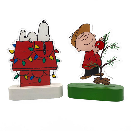 Mark Feldstein, Peanuts Holiday LED Illuminated Acrylic Tabletop Lights, Snoopy's Decorated Doghouse and Charlie Brown's Christmas Tree, 6 Inch (Set