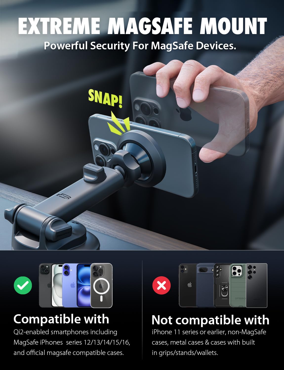 Bracketron MagSafe Car Mount,MagAlign Pro Extend Magnetic Phone Holder for Car Windshield & Dashboard, 360° Vacuum Suction Cup Phone Mount for iPhone