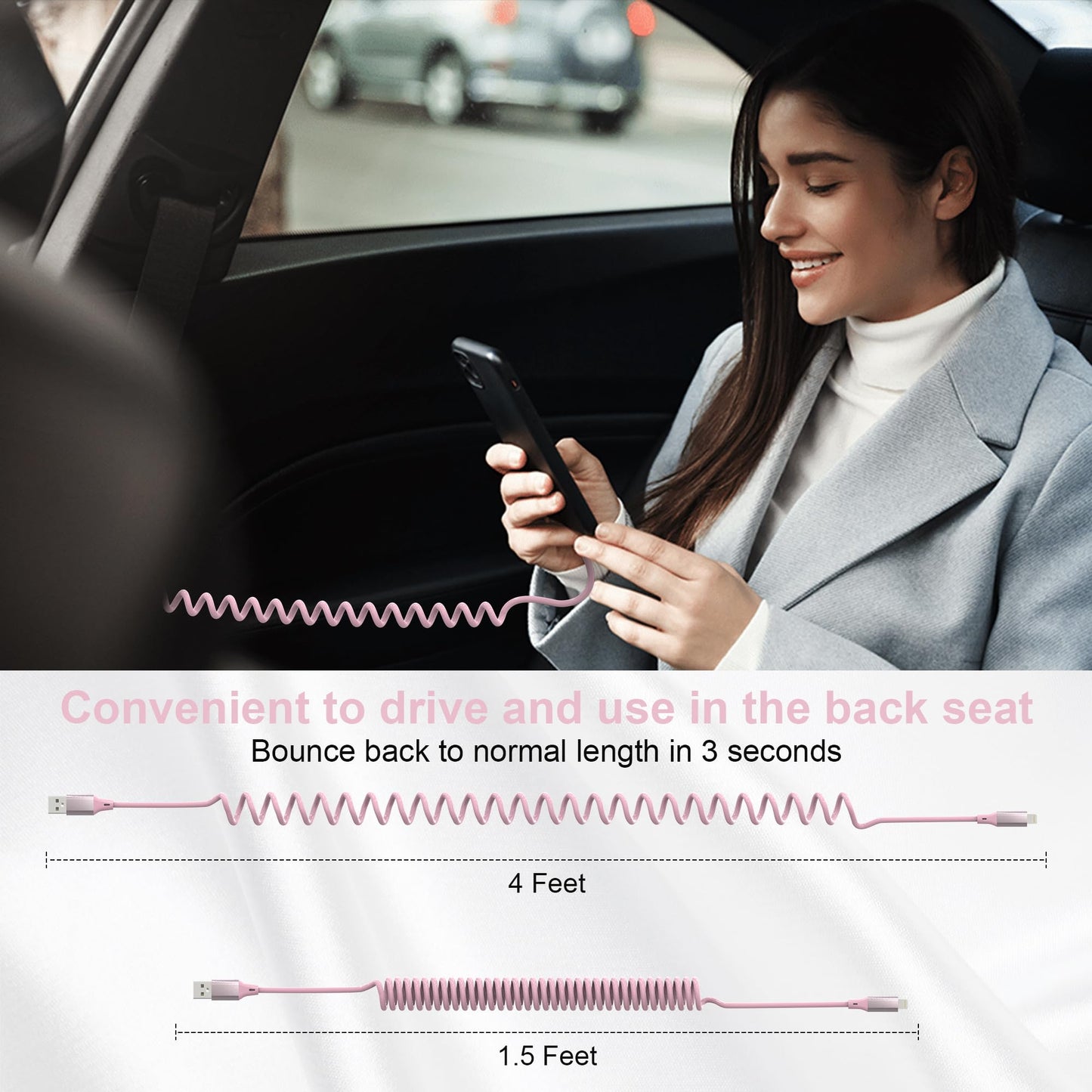 Coiled iPhone Charger Cord - 6Ft Lightning Cable for Apple CarPlay, Pink MFi Certified With Data Sync, Compatible With iPhone 14 13 12 11 Pro Max