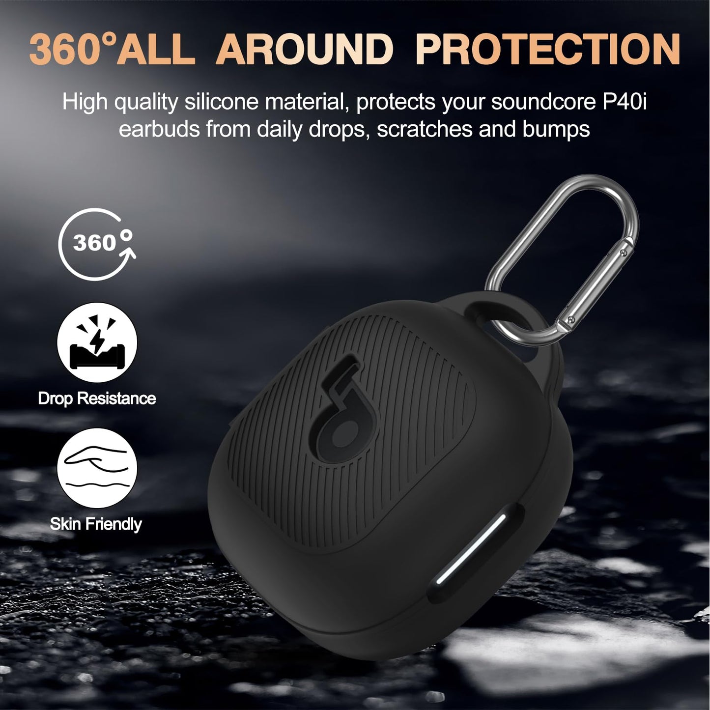 Anker PUCGUE Case Cover for Soundcore P40i, Shockproof Silicone Skin with Carabiner, Front LED & Logo Visible (Black)