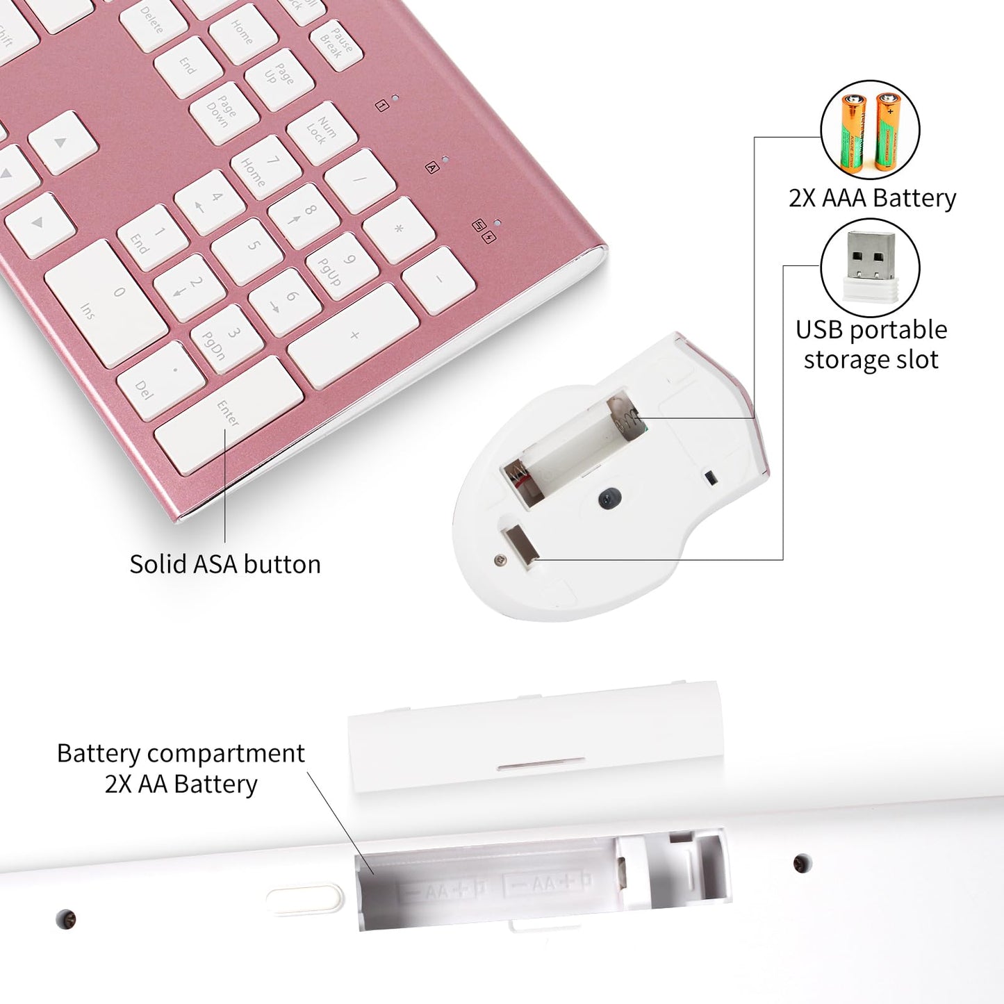 Wireless Keyboard and Mouse Combo 17inch Full Size 2.4G USB Ergonomic Slim Wireless Keyboard for PC Laptop Tablet Desktop Computer Windows Pink (Rose