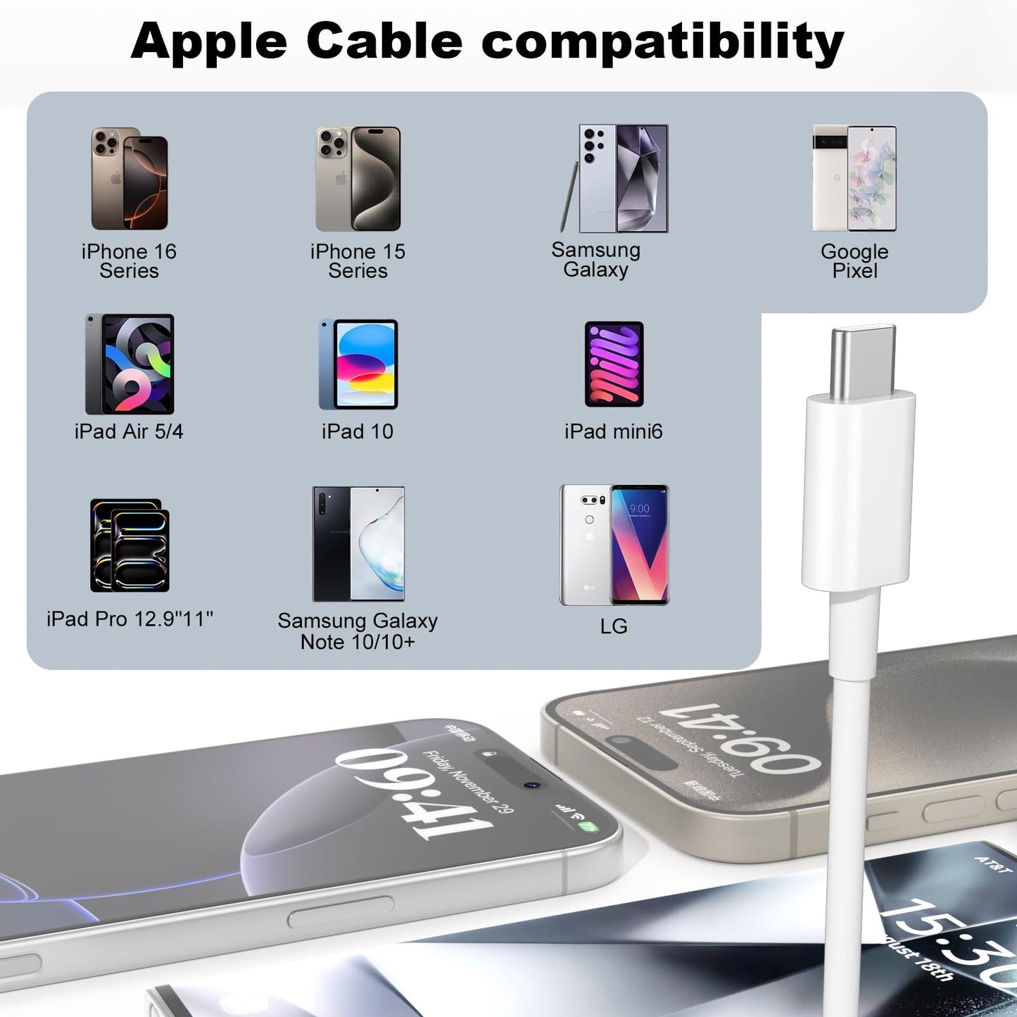 Eettvekd Carplay Cable 3FT+6FT for iPhone 15/16, 15 Pro Max/15 Plus, USB A to USB C Cable for Carplay USB C Cord, iPad 10th, iPad Pro 12.9/11, iPad
