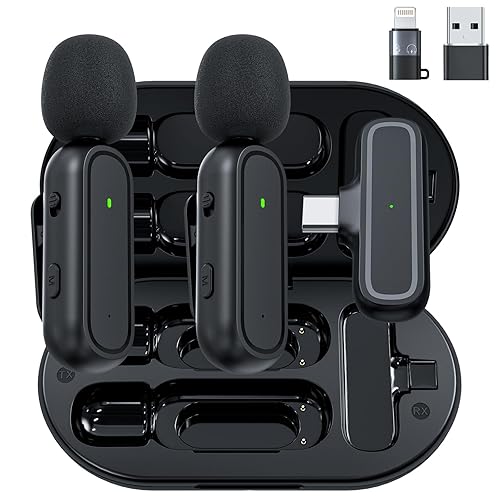 2-Pack Wireless Lavalier Microphone for iPhone Android - Plug and Play Noise Reduction Clip-on Mic with Charging Case, for Vlogging YouTube Live