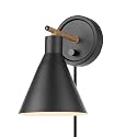 Globe Electric 51725 1-Light Dimmable Plug-in or Hardwire Wall Sconce, Matte Black, Faux Walnut Accent, Stepless Dimming Rotary Switch on Canopy