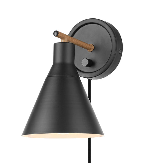 Globe Electric 51725 1-Light Dimmable Plug-in or Hardwire Wall Sconce, Matte Black, Faux Walnut Accent, Stepless Dimming Rotary Switch on Canopy