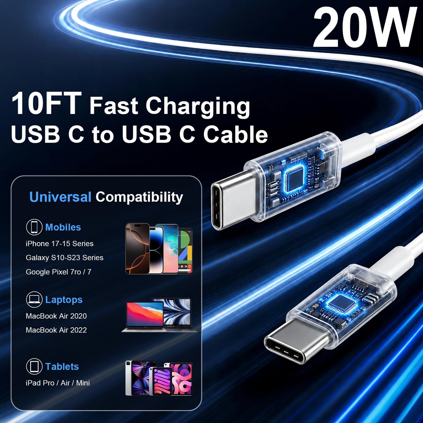 USB C Fast Charger for iPhone 17 16 15 Pro Max, 20W PD Wall Charger with 10FT Long Cable, Heat-Resistant & Stable Charging, Universal Compatibility