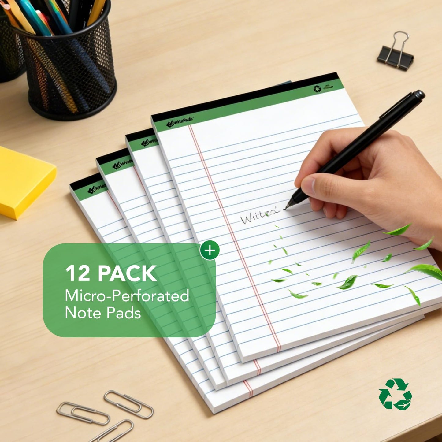 KAISA White Legal Pads Writing Pads 600 Sheets Recycled Paper, 8.5"x14" Wide Ruled Lined Paper Perforated 50 sheets Hard Back Notepads Large Legal Pad