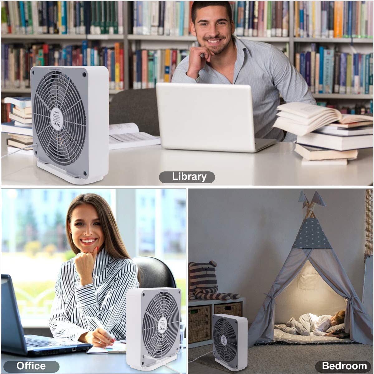 SONBION Small Box Fan, 10 inch Window Fan with 3 Speeds Strong Airflow, DC Adapter Square Table Fan for Office Bedroom Living Room Apartment, Quiet