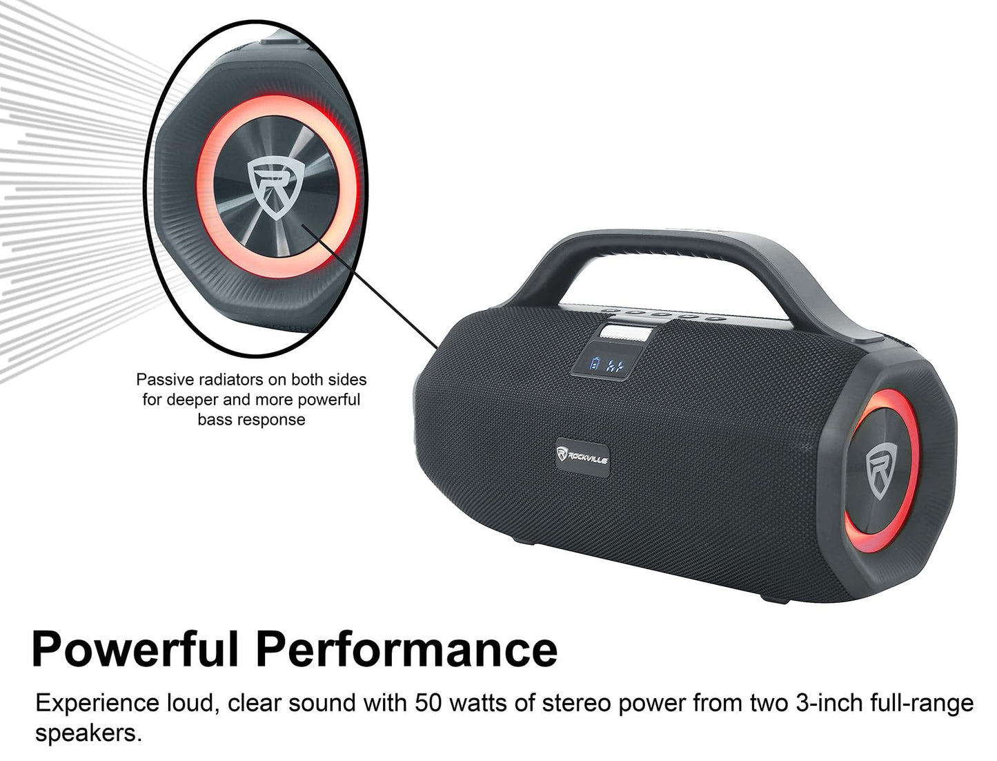 Rockville SONIC-50L Portable Bluetooth Speaker, 50W Stereo Sound, Dual LED Rings, IPX5 Water-Resistant, Upto 24-Hour Battery, TWS, USB/TF Card/AUX/Mic