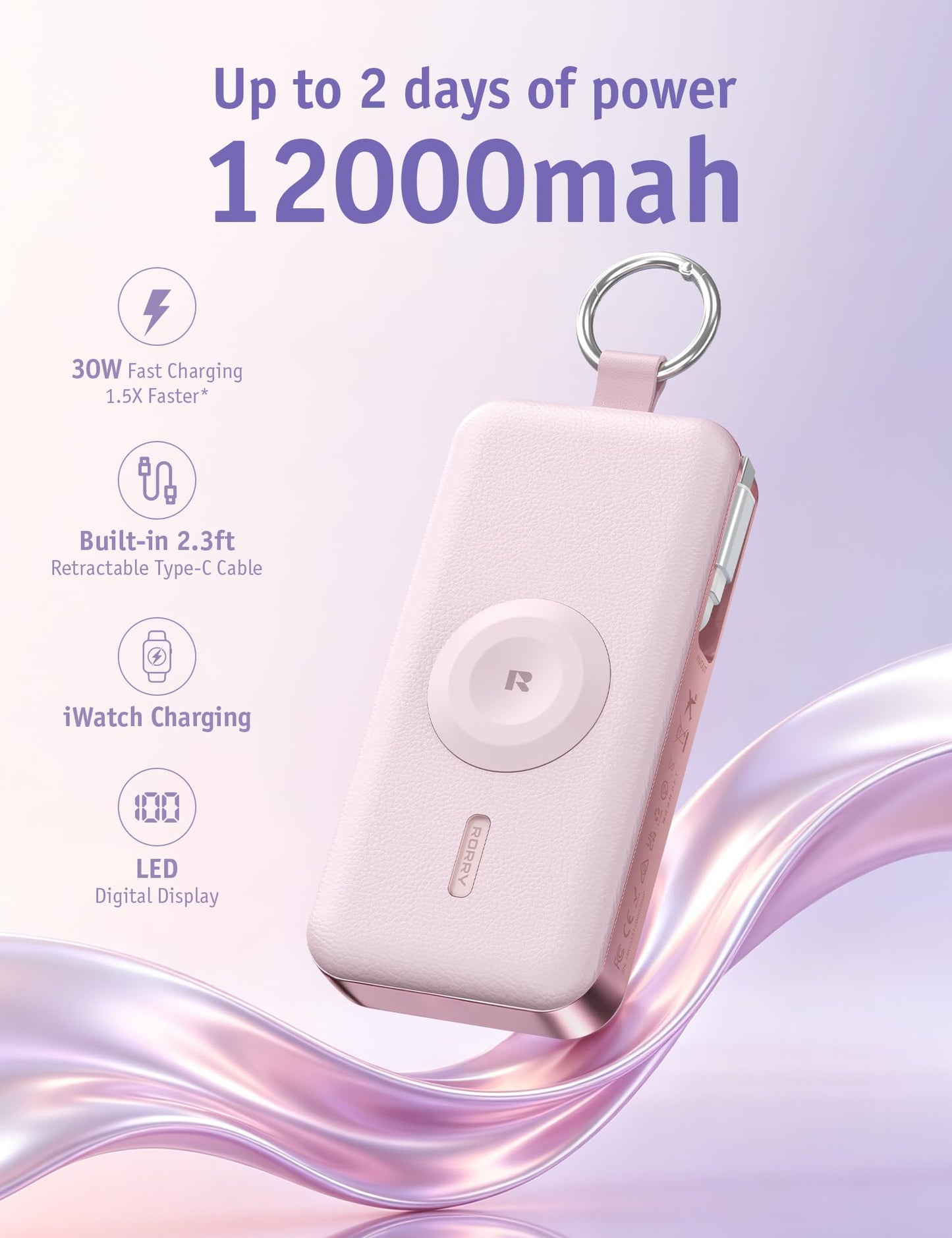 RORRY CharmGo Portable Charger 3 in 1 30W Fast Charging Power Bank 12000mAh