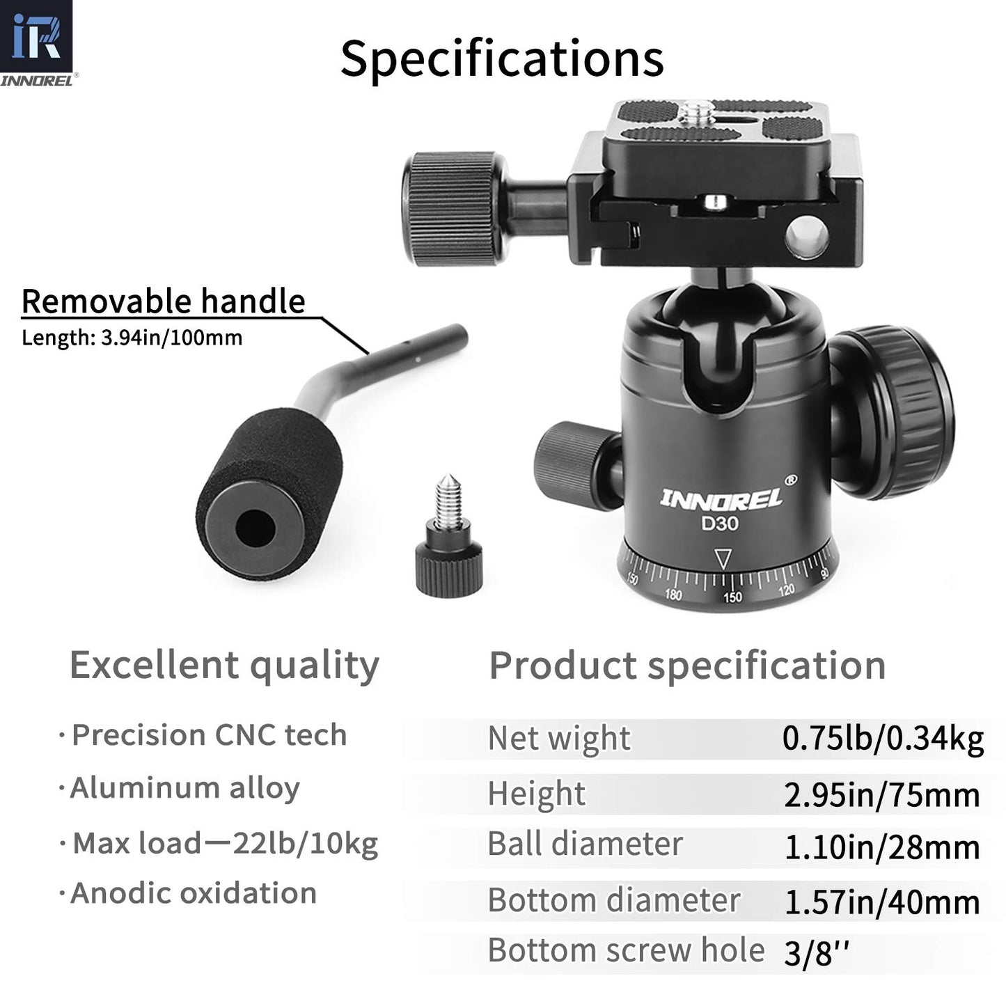 D30 Panoramic Ball Head with Handle All Metal CNC Ballhead Camera Mount INNOREL Tripod Heads with Two Quick Release Plates and Phone Clip for Monopod