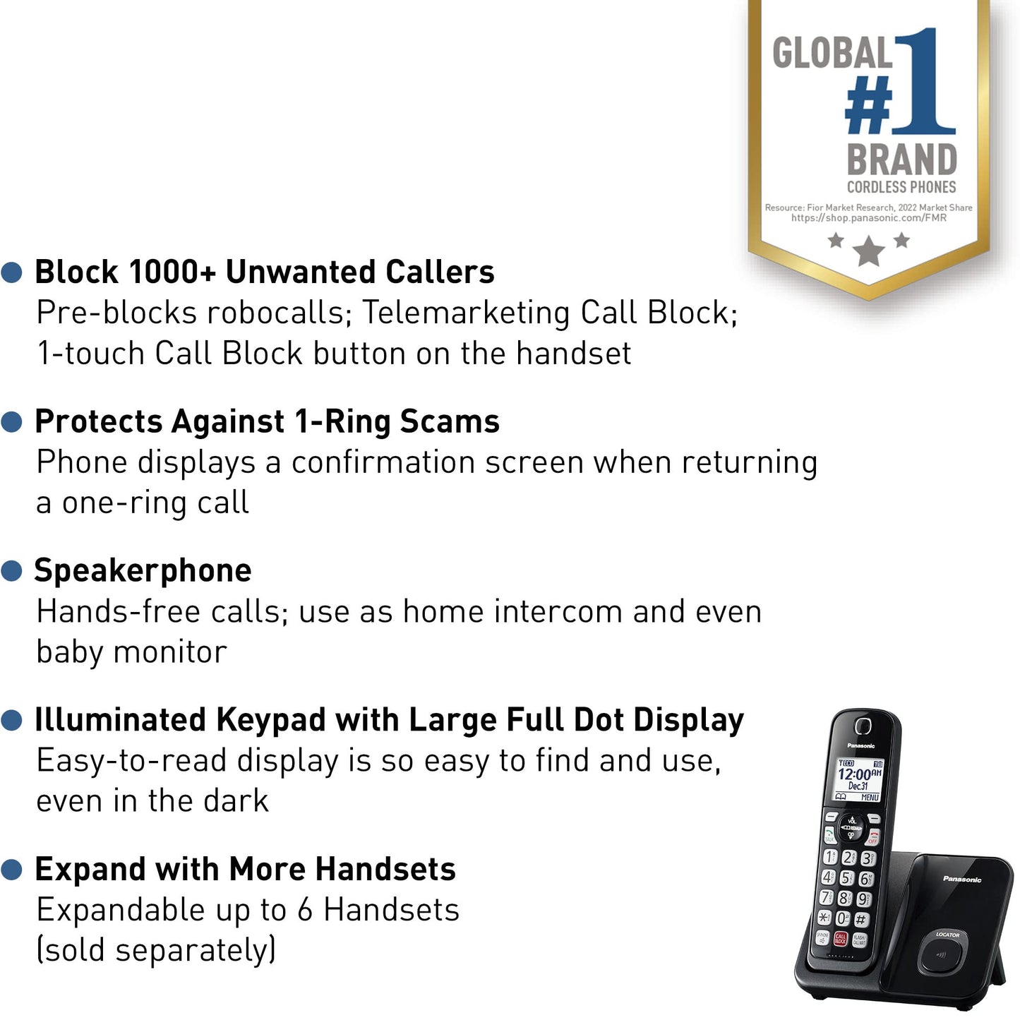Panasonic Cordless Phone with Advanced Call Block, Bilingual Caller ID, Easy to Read Large High-Contrast Display, Expandable System with 1 Handset