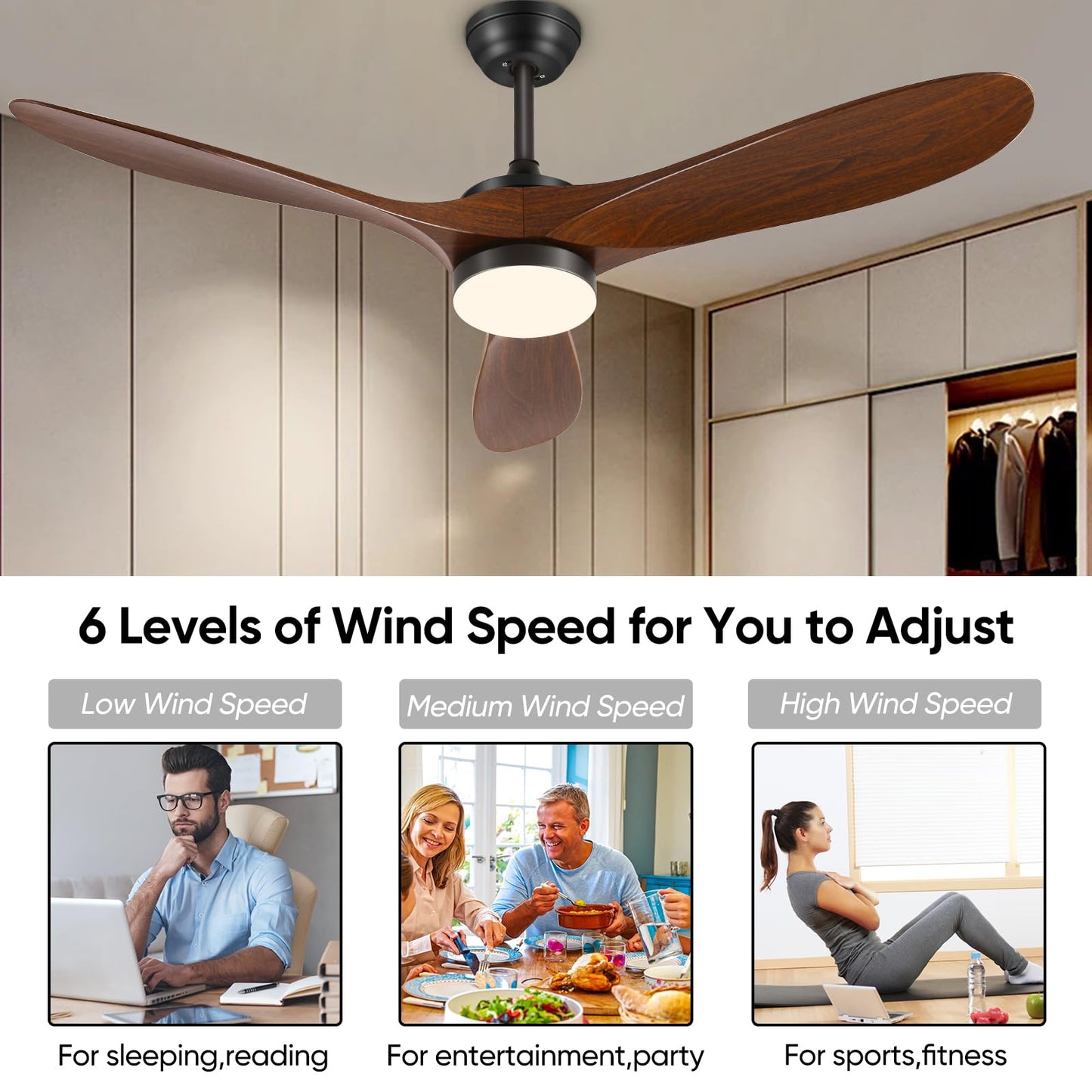 Baotree 52" Smart Low Profile Ceiling Fans with Lights and Remote, Flush Mount Ceiling Fan Control with WIFI/APP/Alexa/Google, Outdoor Indoor Walnut