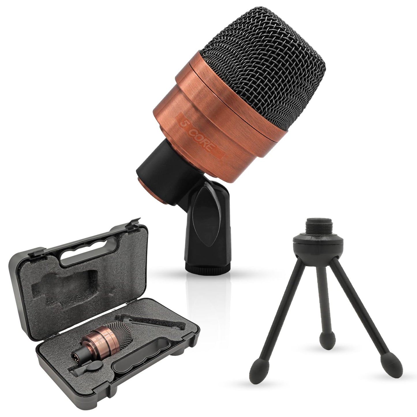 5 CORE Tom Microphone Copper Finish XLR Wired Uni Directional Snare Drum and Other Musical Instrument Mic w Swivel-Mount Steel Mesh Grille Tripod