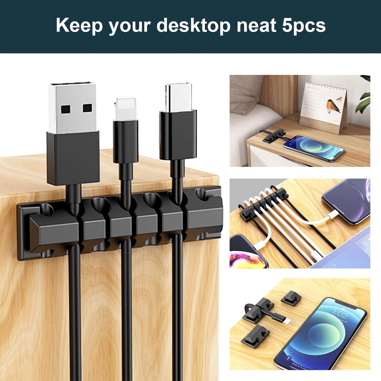 INCHOR Cable Management Kit 210 Pcs, 5 Cord Organizer for Desk, 28 Cable Clips, 100 Fastening Cable Ties, 4 Cable Sleeve Split, 10 Wire Organizers