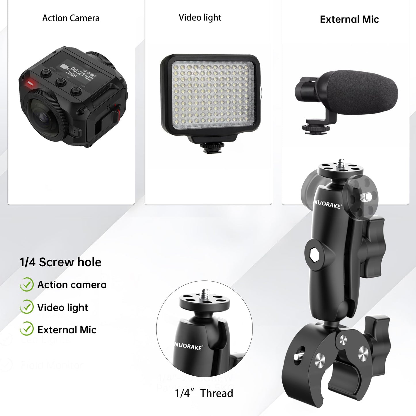 42 in 1 Motorcycle Camera Mount Kit for GoPro Insta360 DJI,Handlebar and Frame Bracket for Bars 0.63"-1.5",360° Rotating Heavy-Duty Bike Handlebar