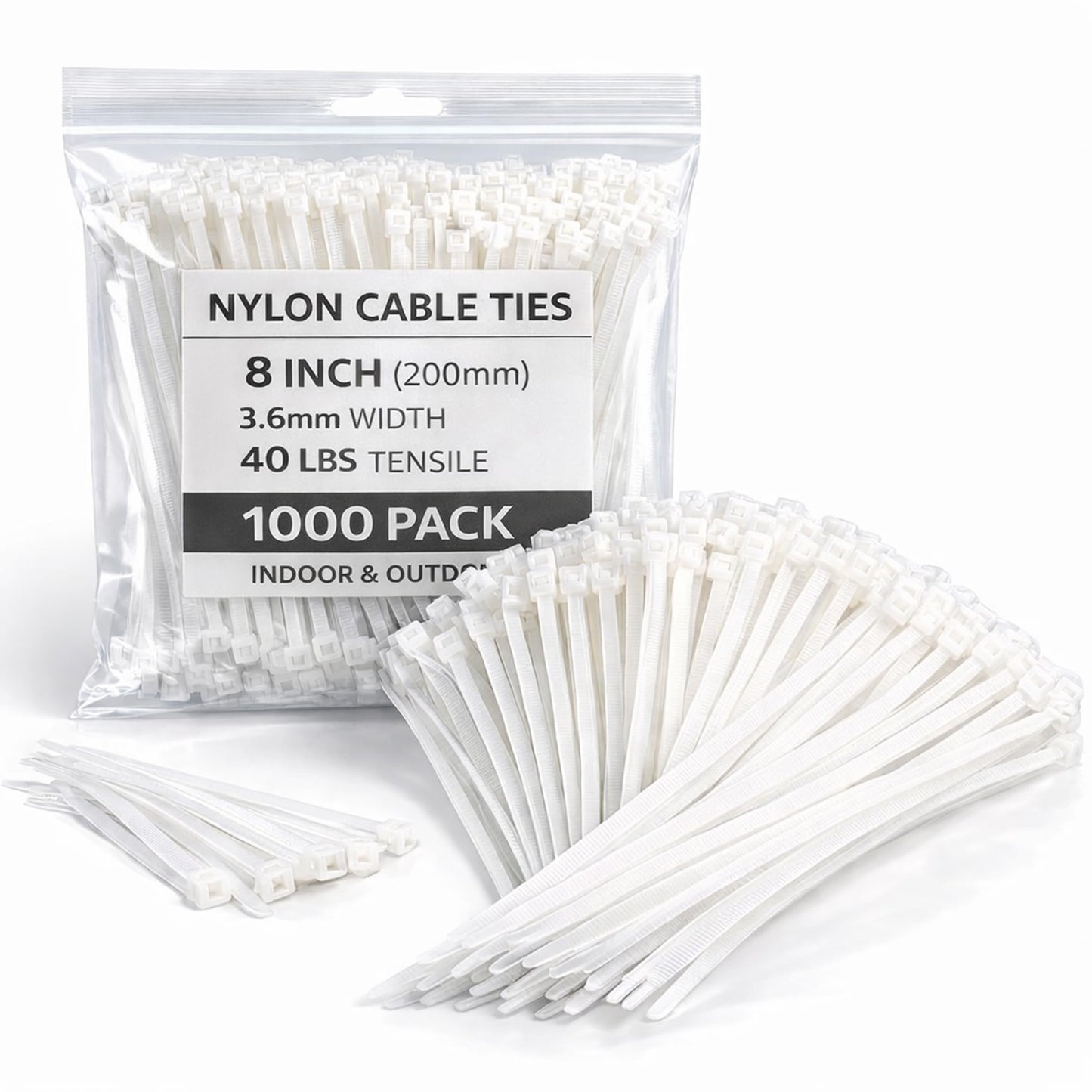 White Zip Ties 8 Inch 1000 Pack, 40 lbs Nylon Cable Ties, Self Locking UV Resistant Wire Ties for Wreath Crafts, DIY, Decor, Indoor Outdoor, Home