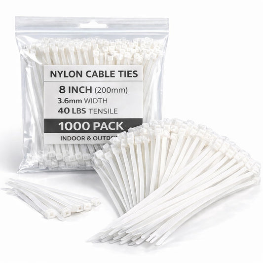 White Zip Ties 8 Inch 1000 Pack, 40 lbs Nylon Cable Ties, Self Locking UV Resistant Wire Ties for Wreath Crafts, DIY, Decor, Indoor Outdoor, Home