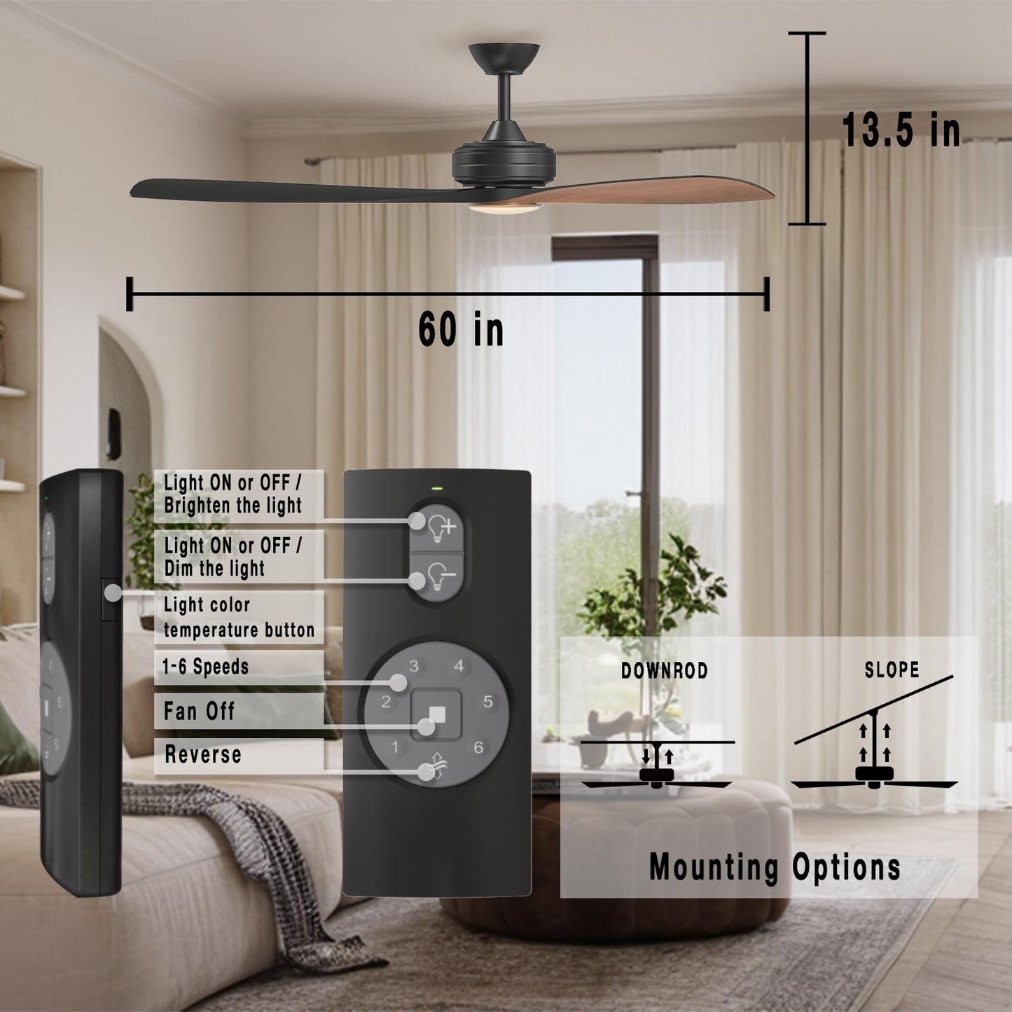 FANX 60 Inch Indoor Outdoor Ceiling Fan with Light, Quiet 6-Speed DC Motor, Dimmable 18W LED 1500 Lumens, Adjustable Color Temperature, Reversible
