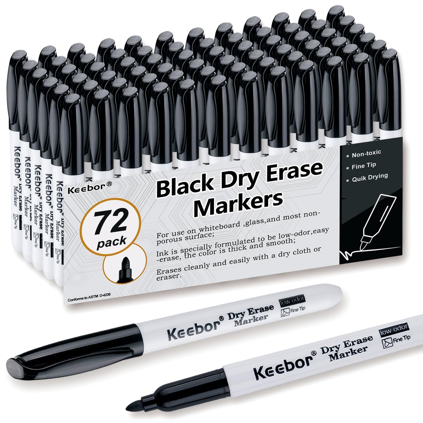 Keebor Fine Tip Dry Erase Markers - Bold Black, Long-Lasting ink, Low-Odor - 72 Pack Whiteboard Markers Bulk for Home, Office, Back to School Supplies