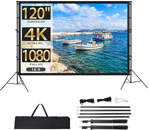 Projector Screen with Stand, Towallmark 120 inch Portable Projection Screen, 16:9 4K HD Rear & Front Projections Movies Screen with Carry Bag,