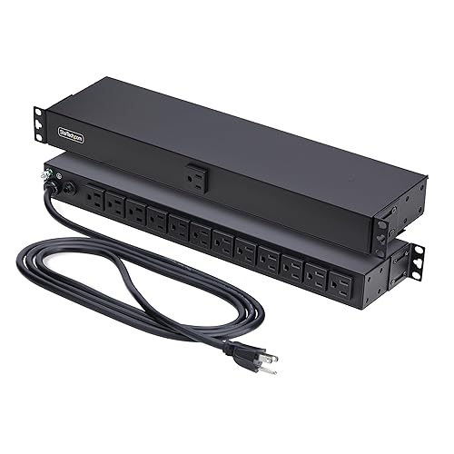 StarTech 13-Outlet Rackmount PDU, 1U Server Power Strip, 1x Front and 12x Rear Ports, Mounted Power Distribution Unit