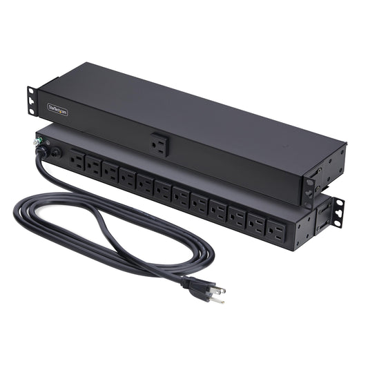 StarTech 13-Outlet Rackmount PDU, 1U Server Power Strip, 1x Front and 12x Rear Ports, Mounted Power Distribution Unit