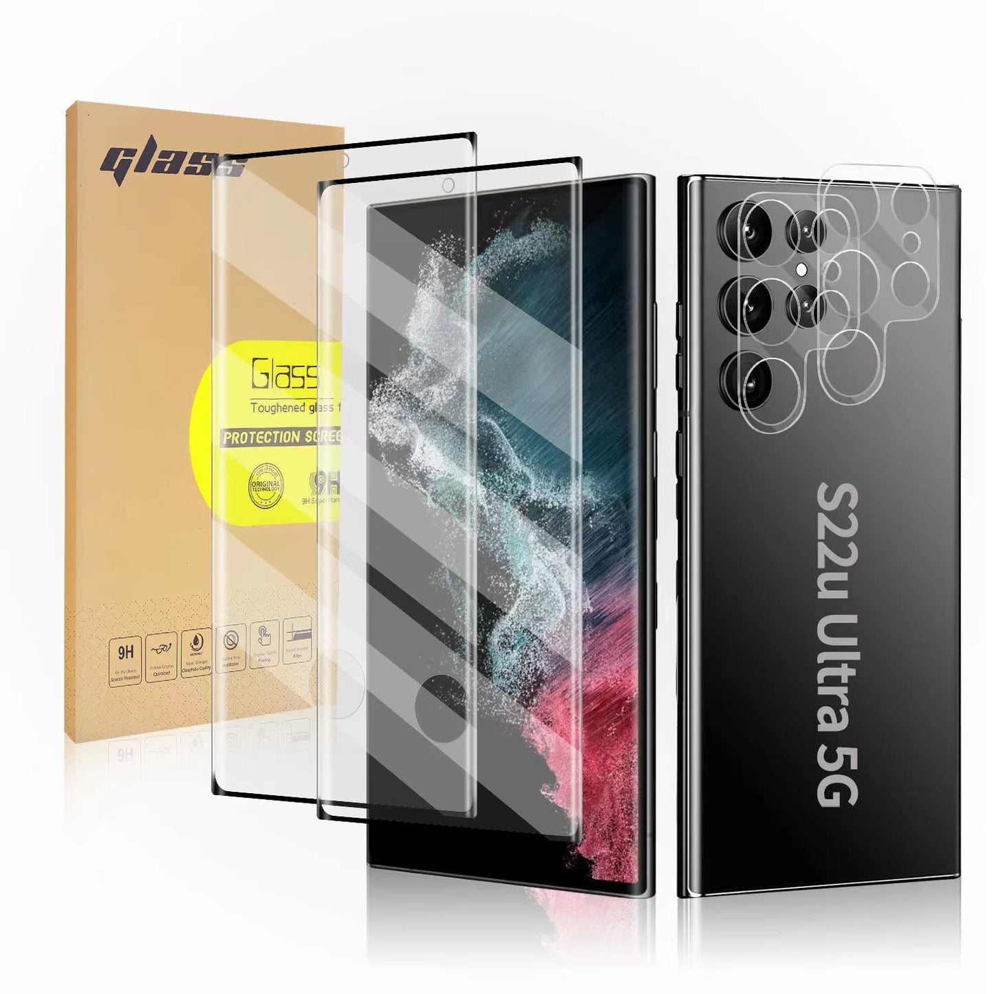 [2+2 Pack] Galaxy S22 Ultra Screen Protector, Tempered Glass, Ultrasonic Fingerprint Support, 3D Curved, HD Clear Scratch Resistant Applicable