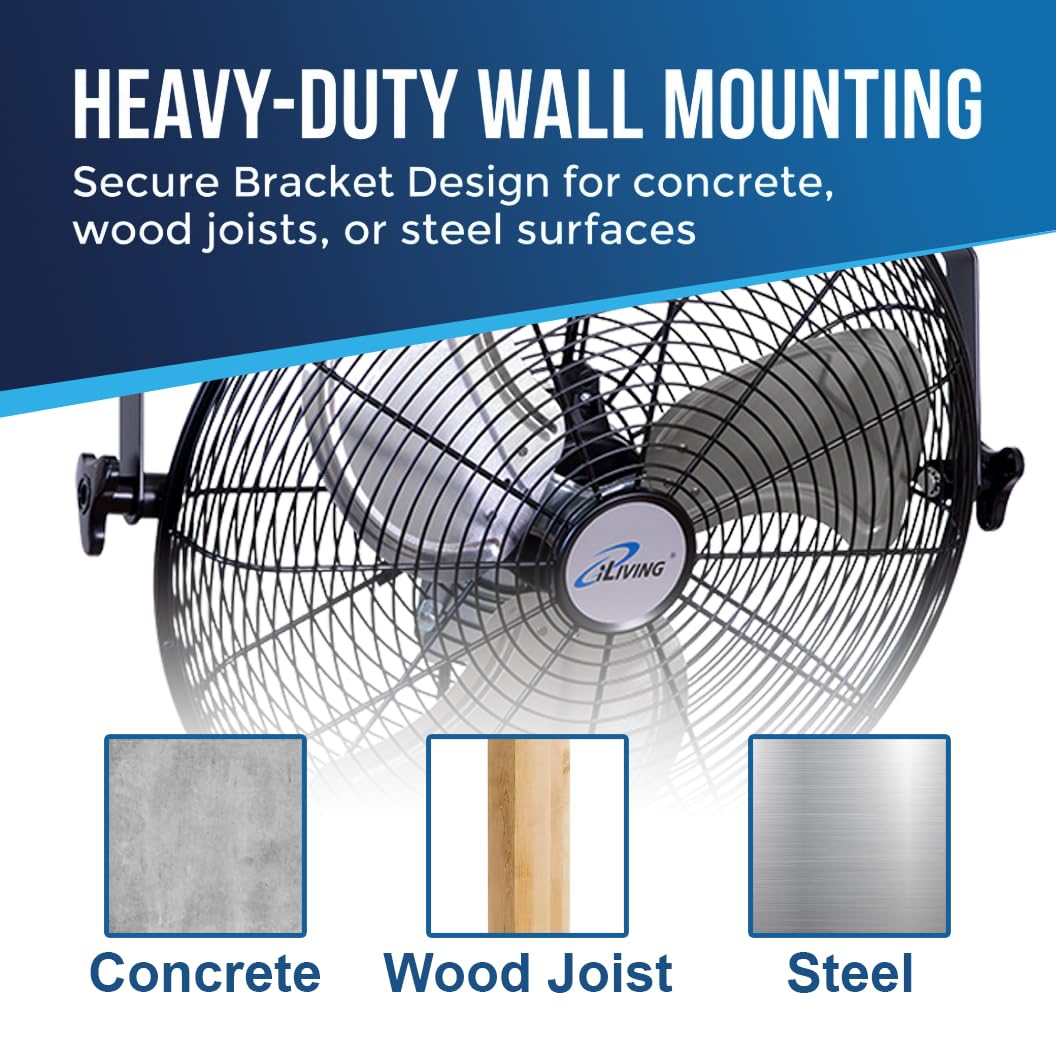iLiving 20 Inch Wall Mount Fan, 4750 CFM High Velocity Metal Fan with 3 Speeds, Sealed Motor & 360° Tilt, Heavy Duty Wall/Ceiling Mount Fan