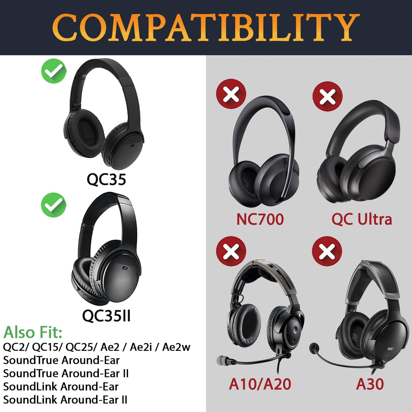 SoloWIT Earpads for Bose QuietComfort 35 (QC35) & Quiet Comfort 35 II (QC35 ii) Headphones, Softer Leather, Noise Isolation Foam, Added Thickness