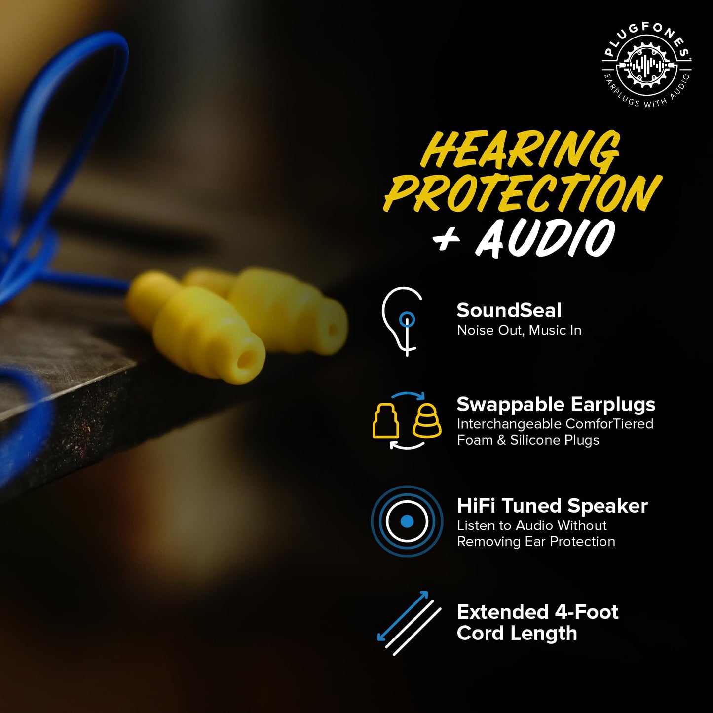 Plugfones Guardian Earplug Headphones - OSHA Approved Noise Isolating in-Ear Earbuds with Hearing Protection - Wired Hybrid for Work and Travel