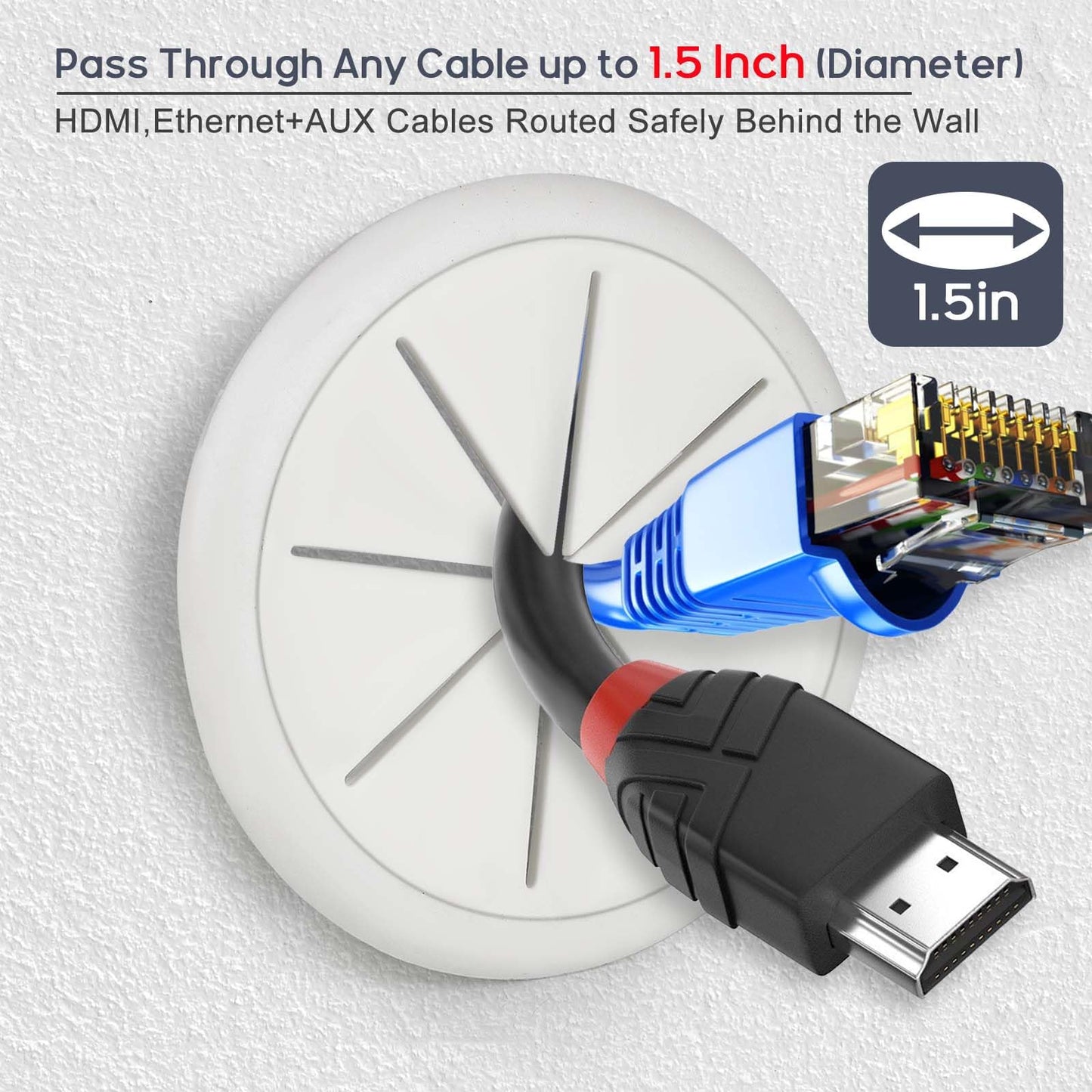 6Pcs TV Cord Hider for Wall Mounted TV 2.36in (60mm) TV Wire Hider Cable Grommet Cable Hole Cover with Hole Saw Drill Attachment, in Wall Cable