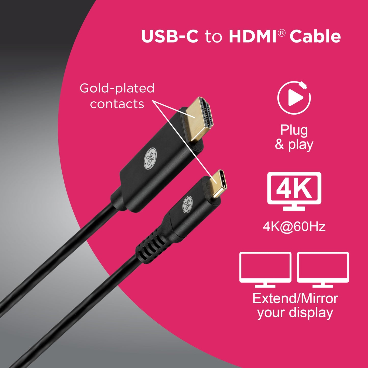 GE USB-C to HDMI 2.0 Cable, 6ft - 4K@60Hz UHD Video & Audio, Plug & Play, High-Speed 18Gbps, Compatible with MacBook, Chromebook, Laptops & More