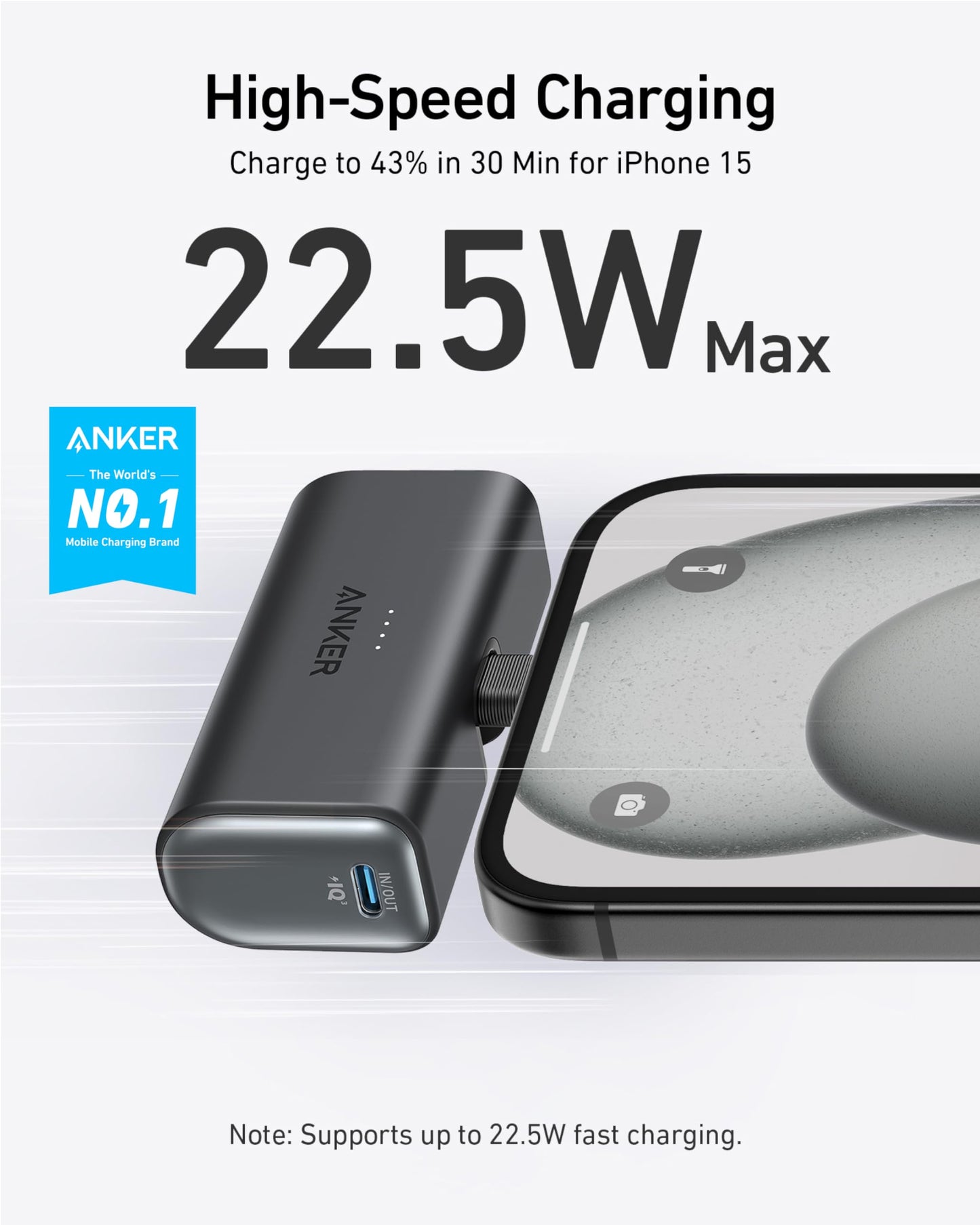 ANKER Portable Charger, Nano Power Bank with Built-in USB C Connector, 5,000mAh Portable Charger 22.5W, for iPhone 17/16/15 Series, Samsung S22/23