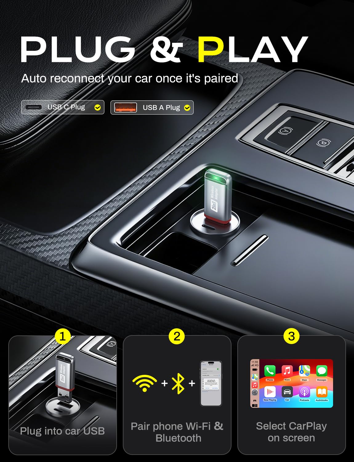 2-in-1 Wireless CarPlay Adapter 2026 Support Apple CarPlay & Android Auto, Fast Auto-Connect, No Latency, Mini Bluetooth Dongle Convert Wired