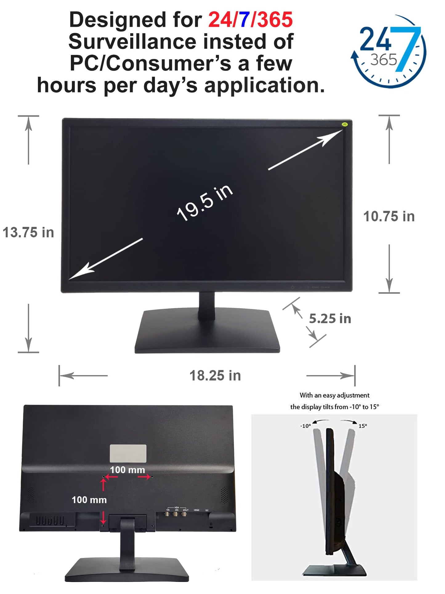 101AV 19.5" 5MP/2560x1920 Super-HD TVI, AHD, CVI, & CVBS Professional Security Monitor, 1 HDMI, 2 BNC In & 1 Out, working with Super HD 5MP security