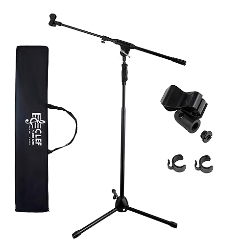 Clef Audio Labs Tripod Mic Stand, One-Handed Clutch Height Adjustment and Telescopic Boom Arm - Cable Management Clips, Universal Mic Holder Mount