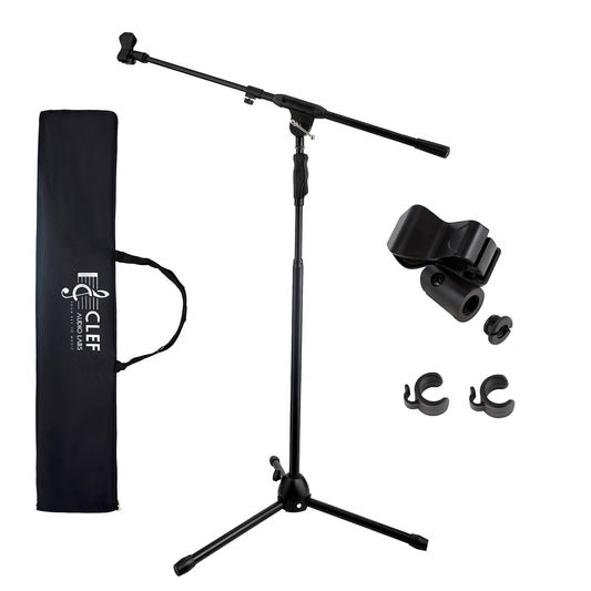 Clef Audio Labs Tripod Mic Stand, One-Handed Clutch Height Adjustment and Telescopic Boom Arm - Cable Management Clips, Universal Mic Holder Mount