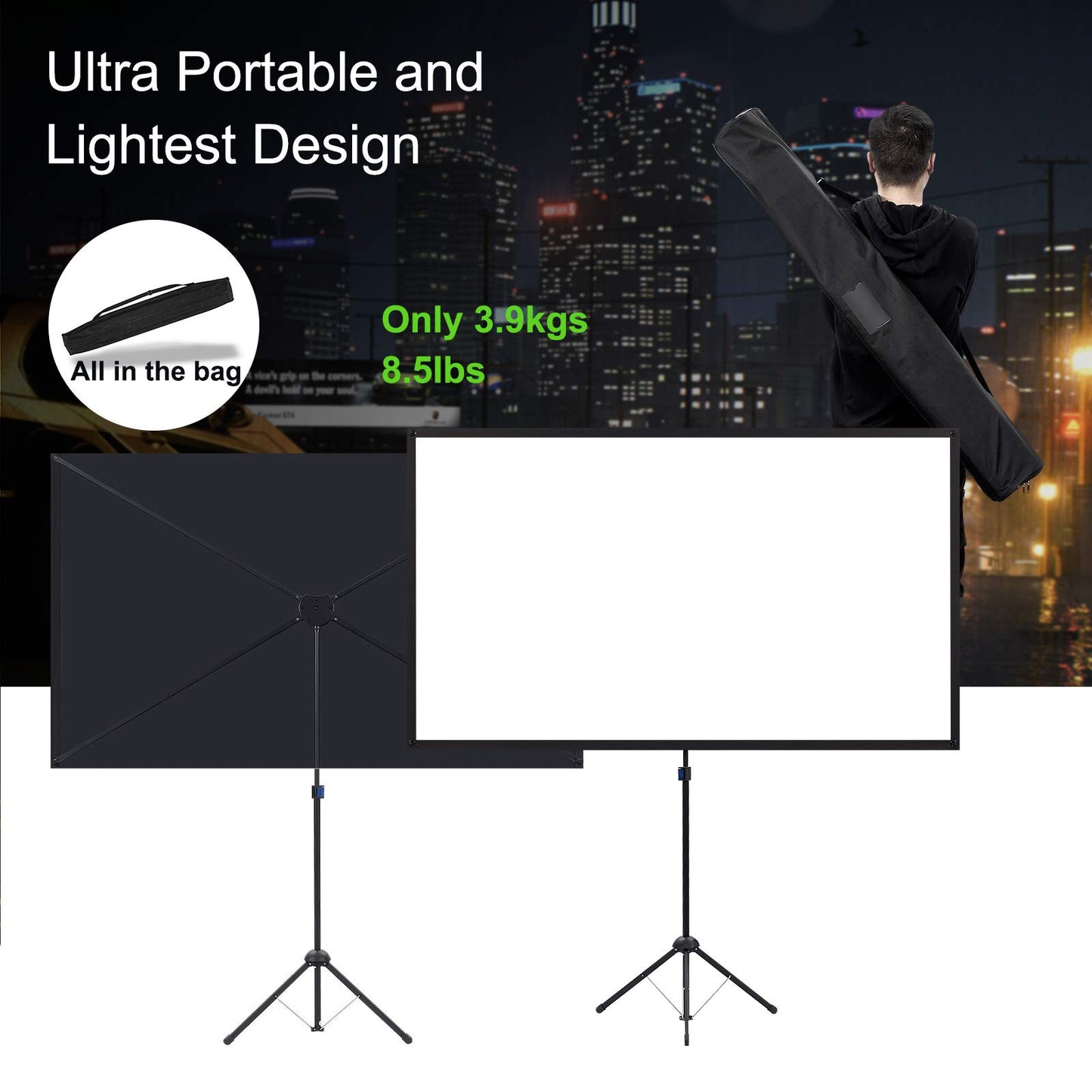 Portable Projector Screen with Stand, Outdoor Movie Screen, 80 Inch 16:9, Light-Weight, Mobile and Compact, Easy Setup and Carrying, Projection Screen