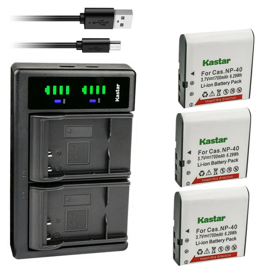 Kastar 3-Pack NP-40 Battery and LTD2 USB Charger Replacement for Minolta MN4K100Z 4K Ultra HD, Minolta MN4K30NV 4K Ultra HD / 30 MP, Minolta MN100HDZ