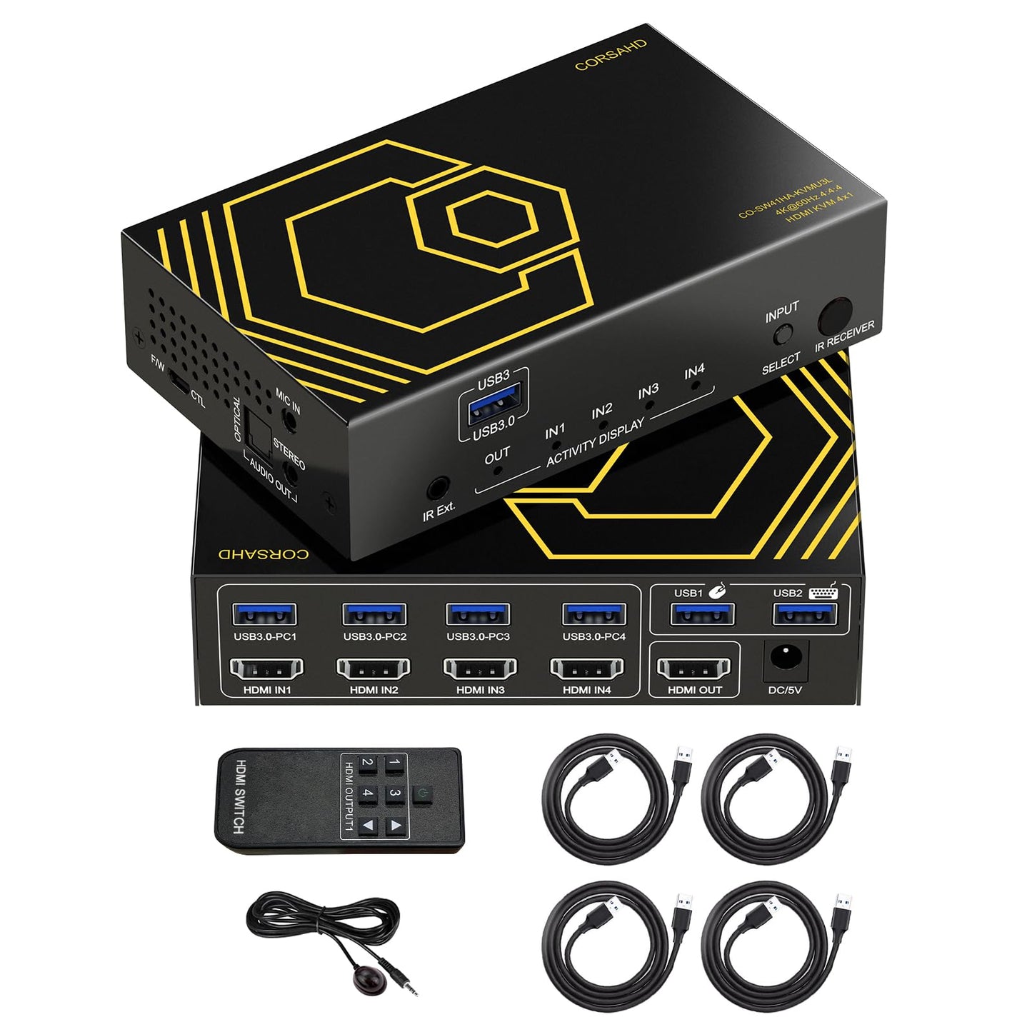 4K@60Hz HDMI KVM Switch USB3.0 4 Computers 1 Monitors HDMI 4 Port KVM Switches for 4 PC Share 1 Monitor and 4 USB 3.0 Devices SPDIF L/R Mic Audio