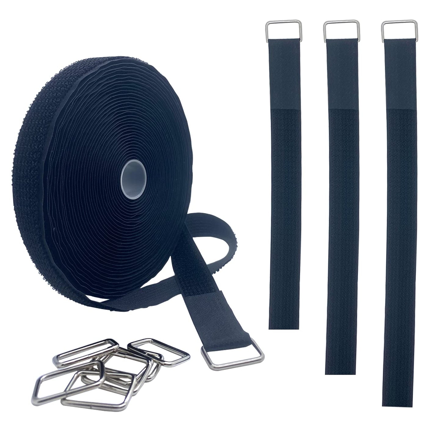 Amsthow 39ft Black Hook and Loop Straps With 50Pcs Metal Buckles 1 inch Wide Cinch Straps Nylon Long Adjustable Management Cords Organized Cable Ties