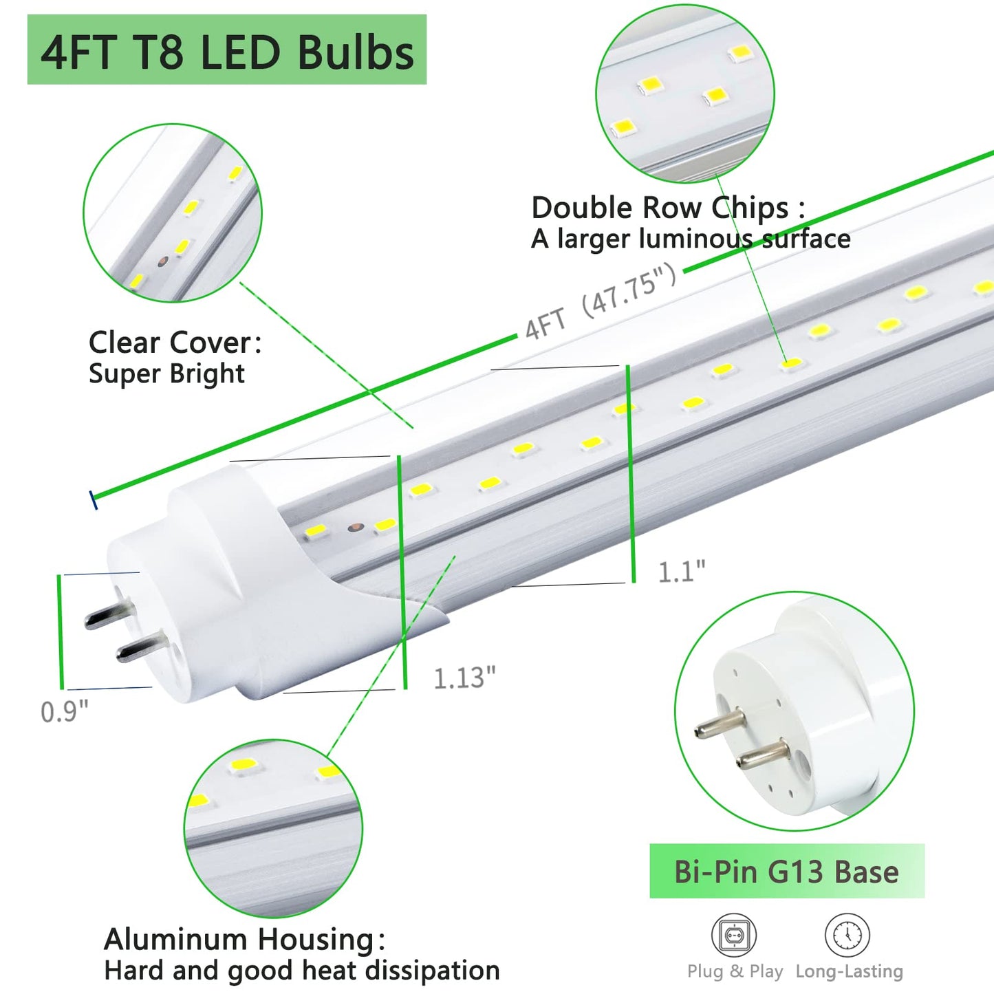Nimgoti T8 LED Bulbs 4 Foot, 12-Pack 4FT LED Tube Light, 24W 3200LM, 5000K