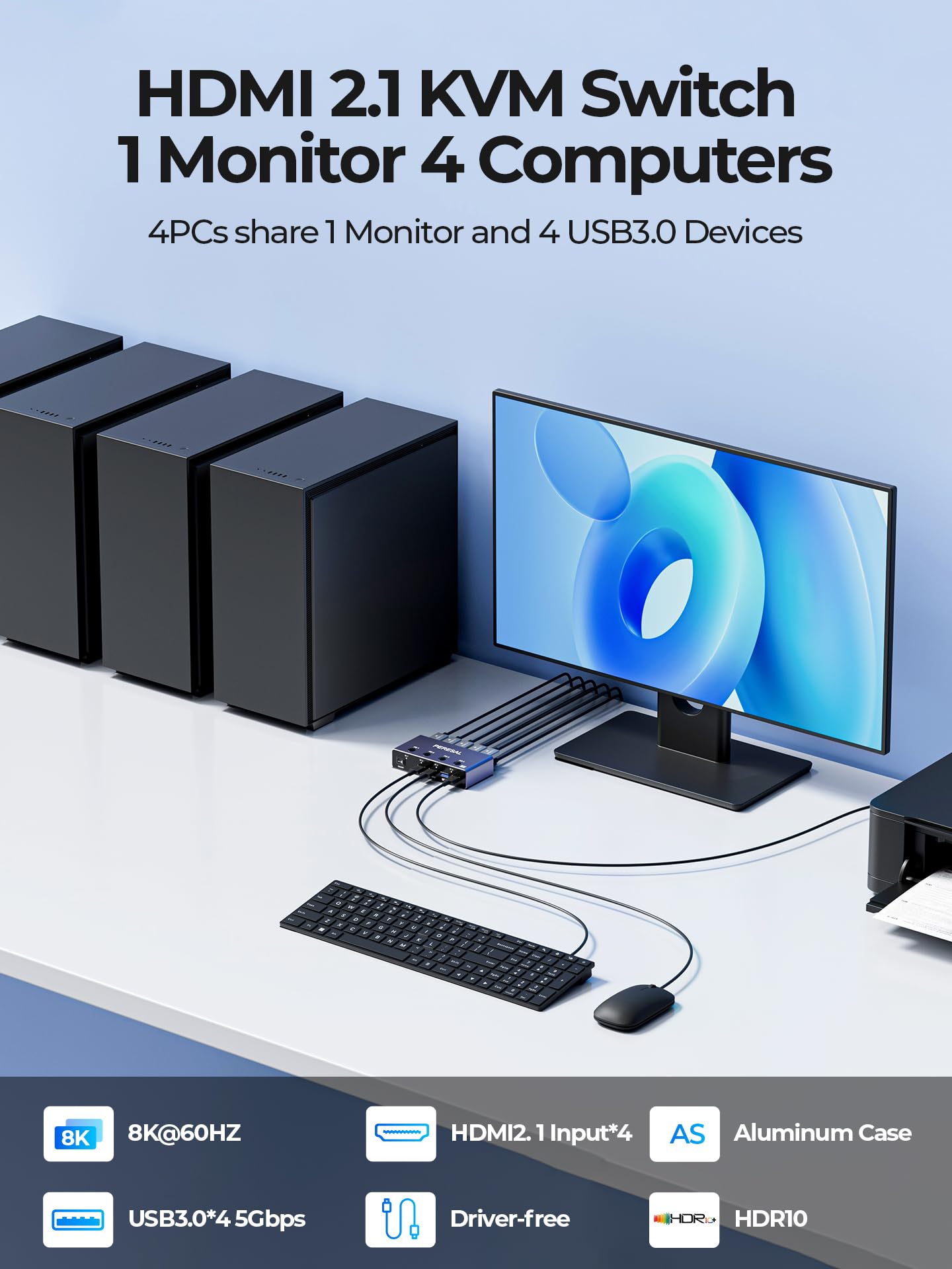 8K@60Hz HDMI KVM Switch 4 Computers Share One Monitor with 4 USB 3.0 Ports Aluminum KVM Switches, Share Keyboard Mouse Hard Drives Printer with 4 HDMI