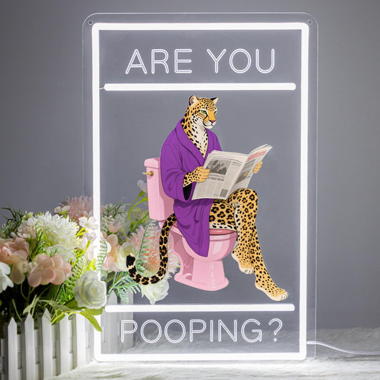 ADKALIV 17''×11' Funny Cheetah Neon Bathroom Sign, "Are You Pooping?" Leopard Vintage LED Neon Light Signs for Bathroom Decor Poster, Aesthetic Wall