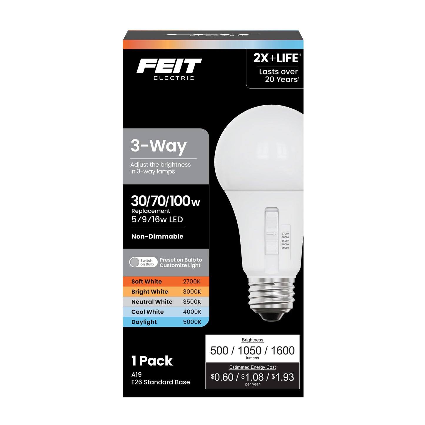 Feit Electric 3-Way A19 LED Light Bulb, 30/70/100W Equivalent, 5CCT Adjustable White (2700K-5000K), 1600 Lumens, Dimmable, 25,000-Life Hours, Energy