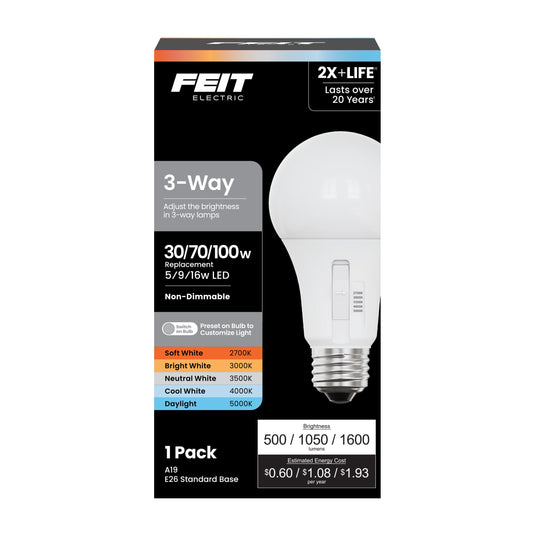Feit Electric 3-Way A19 LED Light Bulb, 30/70/100W Equivalent, 5CCT Adjustable White (2700K-5000K), 1600 Lumens, Dimmable, 25,000-Life Hours, Energy