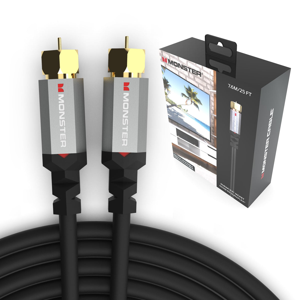Monster Essentials RG-6 Coaxial Cable, 25ft, Gold-Plated F-Pin Connector, Duraflex Jacket, Shielded Cable for TV, Satellite, and Internet Modem Connections